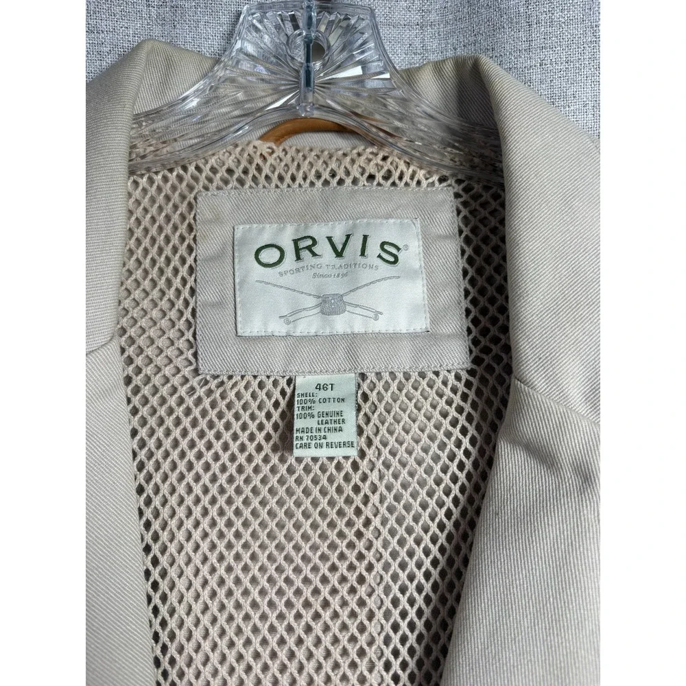 Orvis Mens 46T Cotton Field Jacket Leather Elbow Patches Khaki Tan Sport Coat